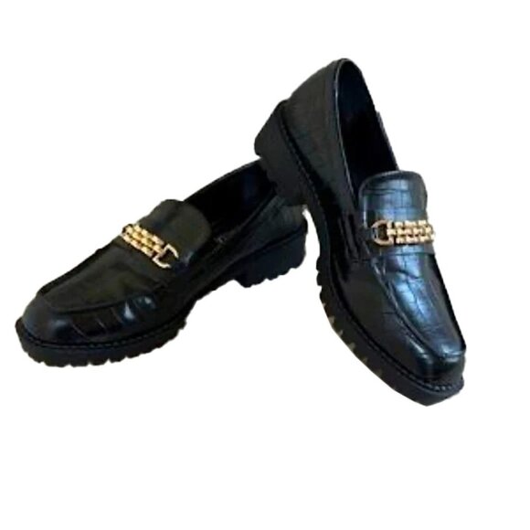 💜🤑 PRIMARK Black Leather Loafers with
Gold Detail SIZE 7 - Picture 1 of 10